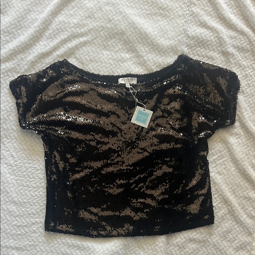 Hayden Black Sequin Crop Top with Cap Sleeves